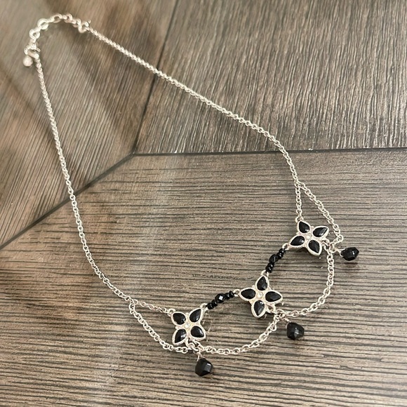 Vintage Jewelry - Monet Silver-Tone and Black Floral Necklace with Draping Chains